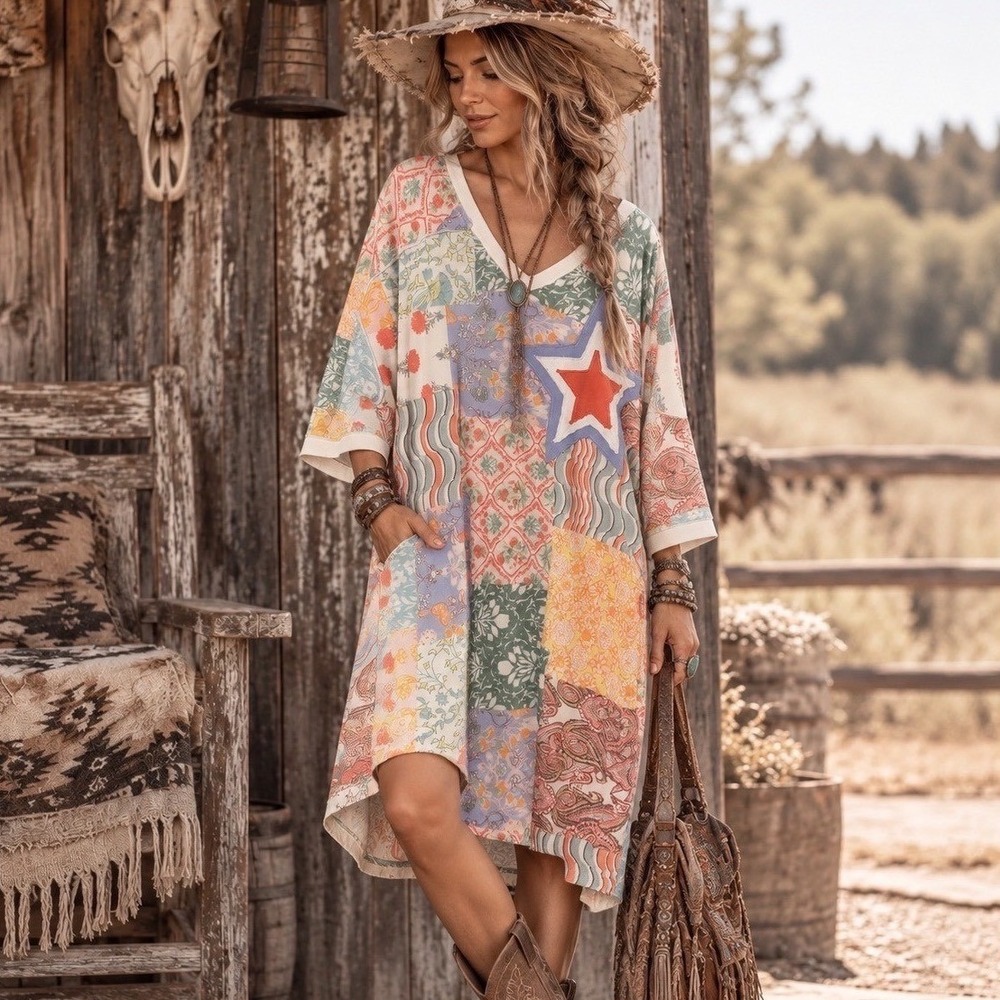 239. New Easel Patchwork Dress French Terry V-Neck Star Multi Color Boho Pocket